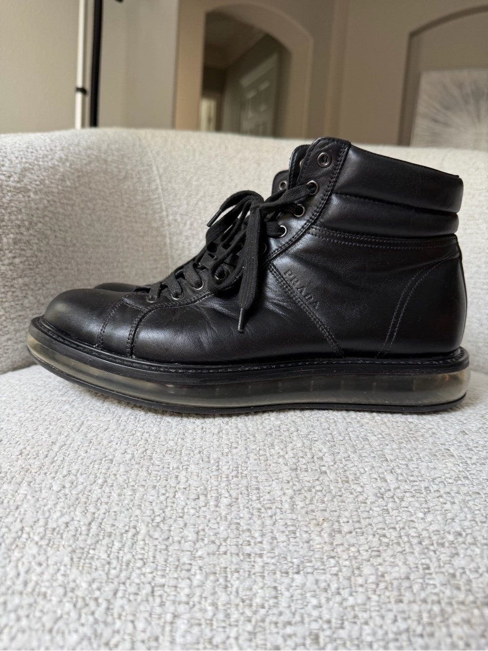 Prada Black Leather High-Top Boot with Transparent Sole